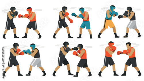 Boxing match illustrations featuring fighters in various poses and gear for sports themed designs