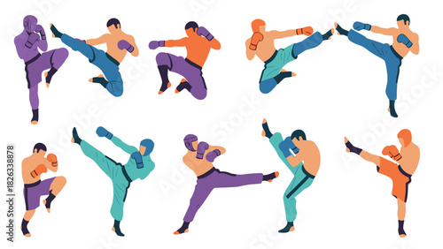 Martial arts kickboxing fighters in various poses for sports illustration design