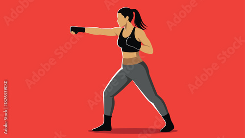 Female boxer in action pose on red background for sports and fitness design