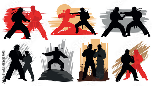Martial arts silhouettes collection featuring kung fu and karate fighters in dynamic poses for design and poster art
