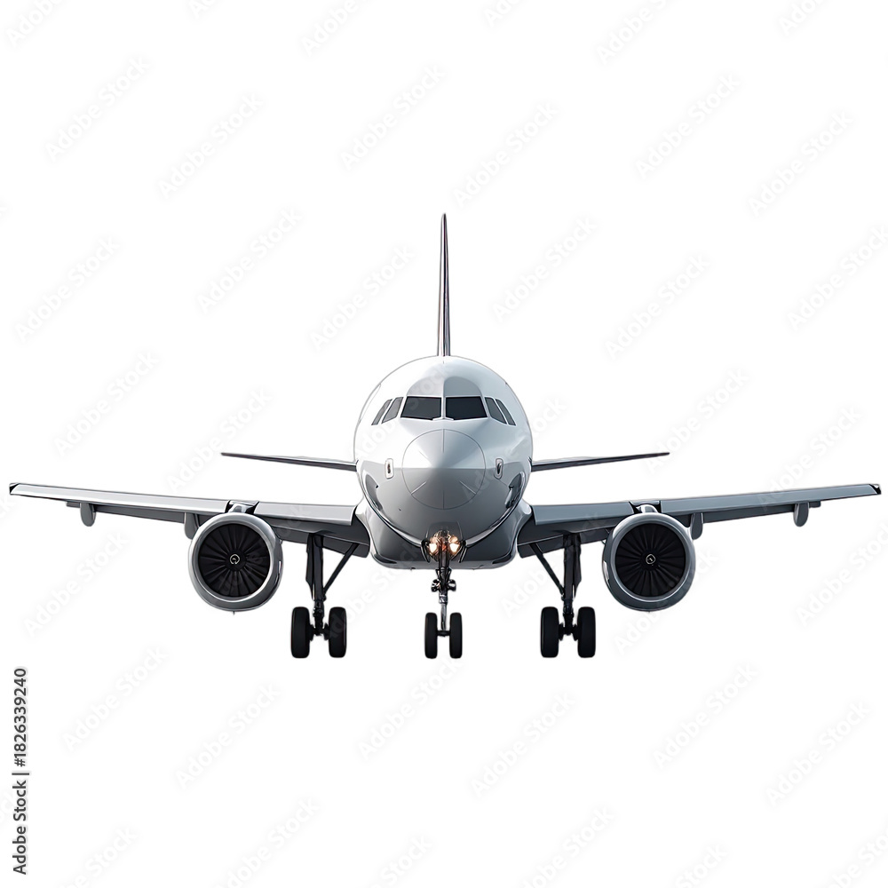 Naklejka premium A modern passenger jet airplane approaches head-on against a stark black background.
