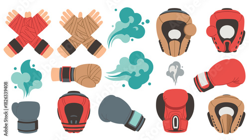 Boxing glove collection with hand wraps and dynamic smoke elements for sports design