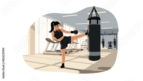 Woman practicing kickboxing in gym with punching bag for fitness and training motivation