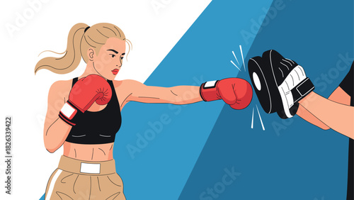 Female boxer training with punch mitts - empowerment and fitness concept