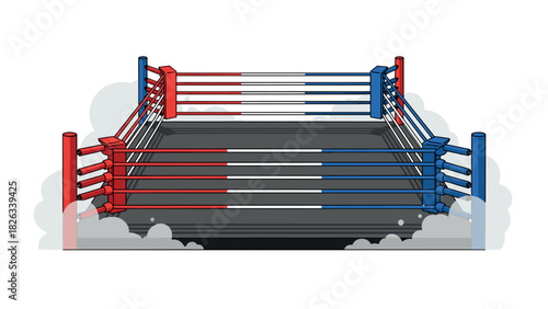 Boxing ring illustration with red and blue ropes and smoke effects for sports design