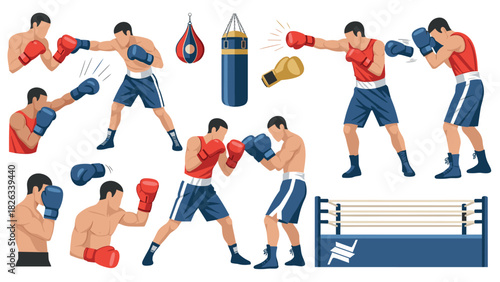 Boxing training set with fighters, gloves, punching bag, and ring for sports design and illustration