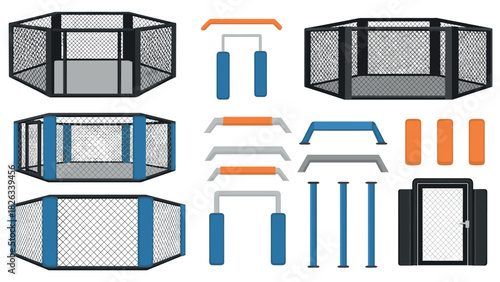 Mixed martial arts cage set with training equipment for workout and fitness design