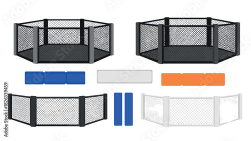 Mixed martial arts cage and ring design elements for sports graphics and strategy game concepts