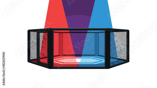 Mixed martial arts event octagon cage with red and blue spotlight beams for sports poster design