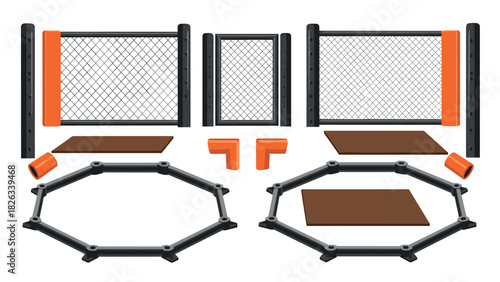 Mixed martial arts octagon ring with fence and components for sports training and gym design
