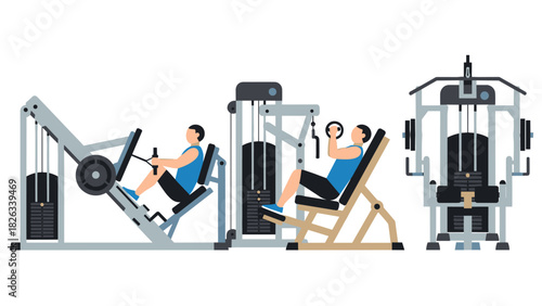 Fitness equipment illustrations with people exercising in gym for workout design