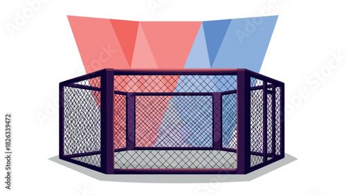 Mixed martial arts octagon cage with dynamic red and blue lighting for sports design