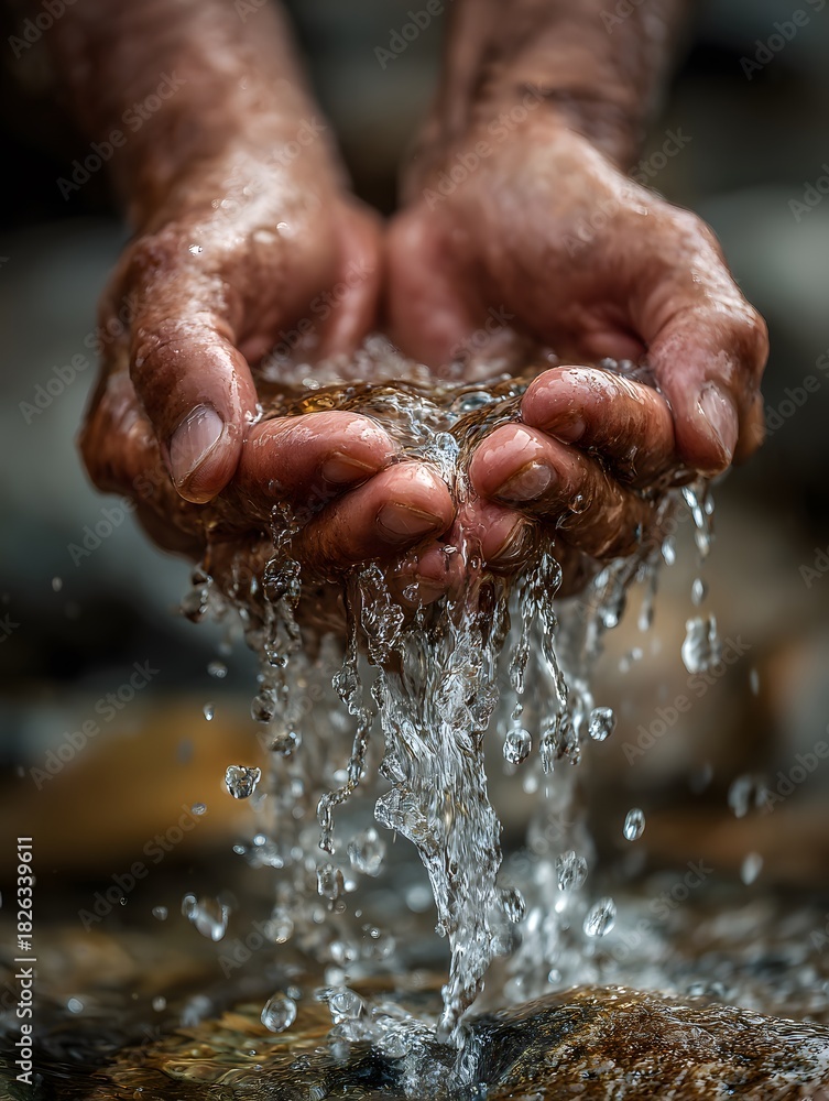 Fototapeta premium Close-up of weathered hands holding flowing clear water over natural stones in outdoor setting with soft natural lighting