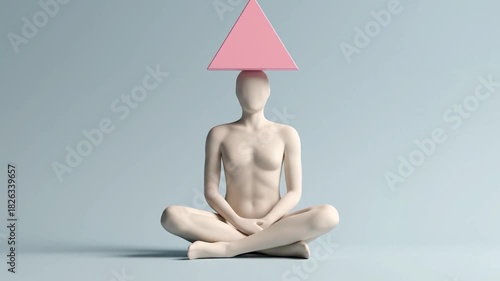 Abstract Mannequin Meditating with Pink Triangle on Head.