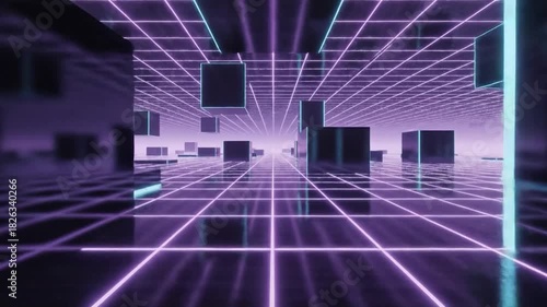 Abstract Neon Grid and Cubes in a Futuristic Digital Landscape.
