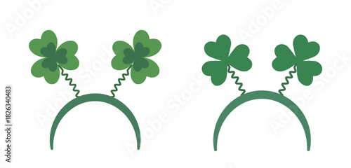 St.Patrick's Day party shamrock headband flat vector illustration set.
Festive shamrock headband for St. Patrick's Day.
Cute clover headpiece clipart.
White background.