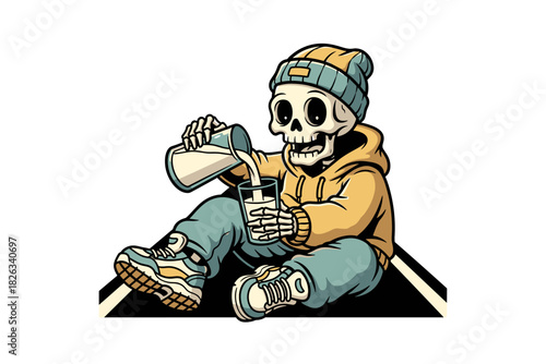 Skeleton character pouring milk into a glass wearing casual clot