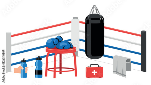 Boxing equipment in gym ring with gloves, punching bag, and water bottles for training design