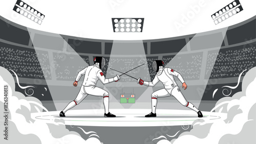 Intense fencing duel at championship arena with dramatic lighting for sports illustration