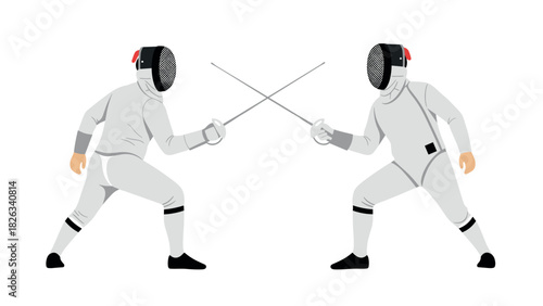 Fencing sport competition illustration with two fencers in action, suitable for sports design and educational material
