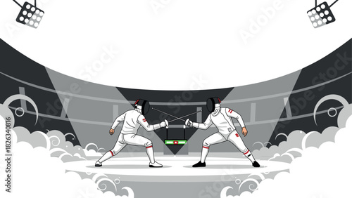 Dynamic fencing duel illustration in modern sports arena design