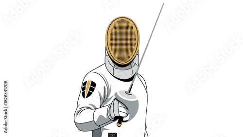 Fencing athlete with epee sword in action pose for sport and competition design