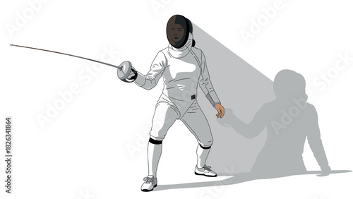 Dynamic fencing duel: athlete in action with shadow in sporting gear