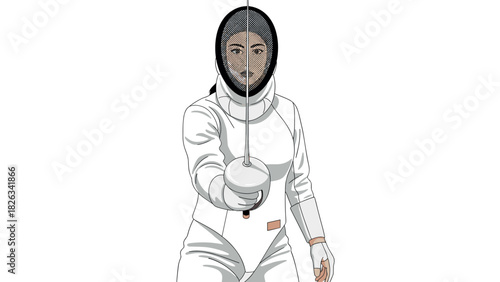 Female fencer in protective gear with epee sword for sports and competition design