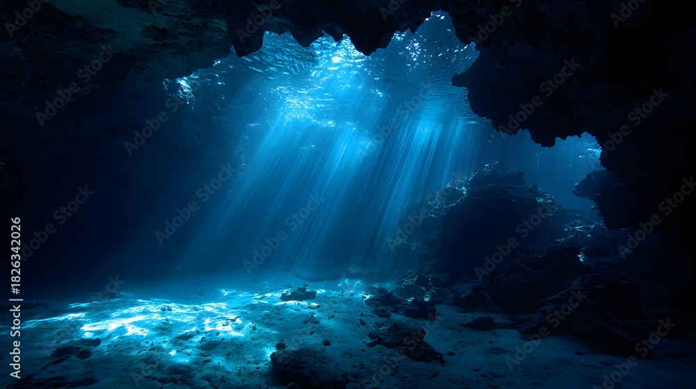 Obraz premium Stunning underwater cave scene with sunlight rays penetrating clear blue water and illuminating rocky formations below