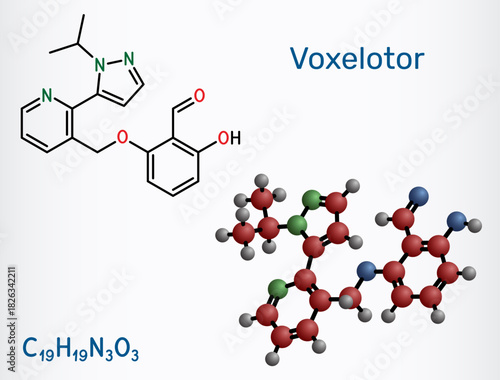 Voxelotor molecule, haemoglobin modifier. Drug used for the treatment of sickle cell disease. Structural chemical formula, molecule model. Vector illustration