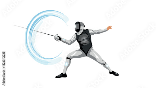 Dynamic fencing illustration with athlete performing sword fighting pose for sport event design