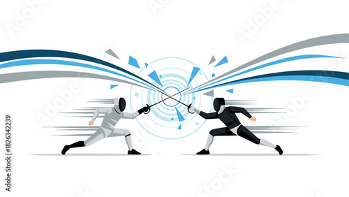 Dynamic fencing duel with abstract blue and black swirls for sports design