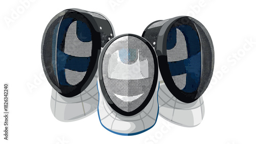 Trio of fencing masks on white background for sports design and decor