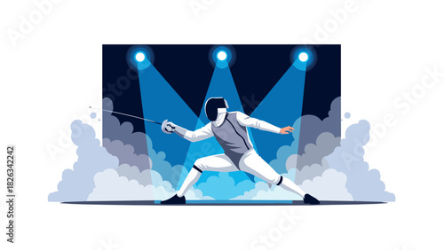 Dynamic fencing action with spotlight and smoke effects for sport poster design