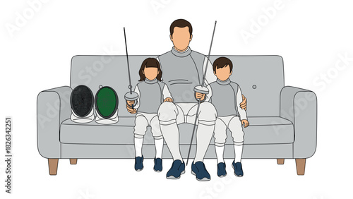 Family fencing theme with father and children sitting on sofa in uniform