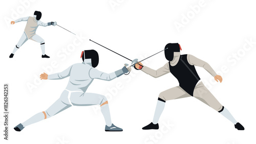 Competitive fencing match with three fencers in action