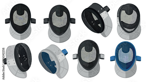 Collection of fencing helmets with visors in various designs for sports equipment and illustration purposes