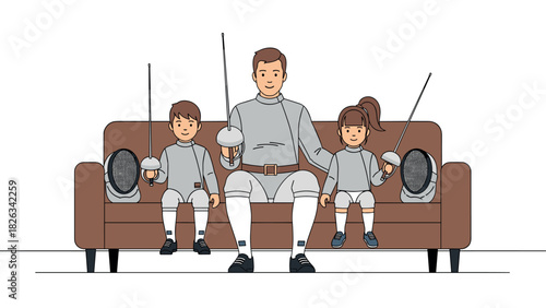 Family fencing enthusiasts relaxing on sofa with equipment for sports and leisure design