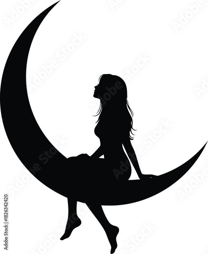 Elegant silhouette of a young woman with long hair sitting gracefully on a crescent moon, looking upwards, isolated on