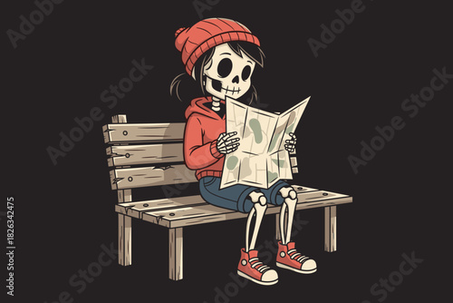 Skeleton girl reading a newspaper on a park bench.