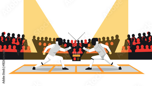 Competitive fencing match in arena with audience and bright spotlights - sport illustration for event poster or educational design