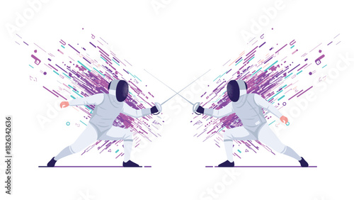 Dynamic fencing duel with vibrant abstract background for exciting sports illustrations