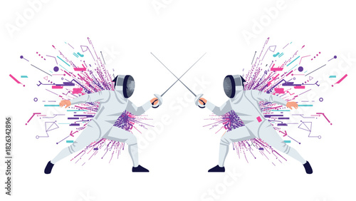 Dynamic fencing duel with abstract digital elements for sports and technology design