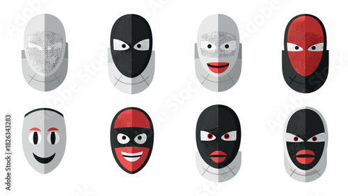 Collection of geometric abstract masks with various expressions for creative design