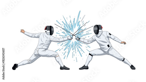 Dynamic fencing duel illustration with energetic splash effect for sports design
