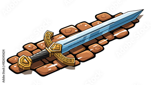 Medieval fantasy sword on stone pathway illustration for gaming and design projects