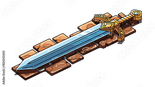 Fantasy adventure sword on brick path - ideal for gaming design, posters, and art decor