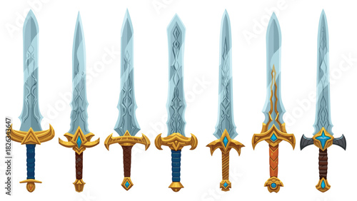 Collection of fantasy swords with ornamented handles for game design and illustration