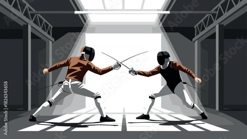 Fencing duel scene in industrial warehouse setting for sports design and poster art