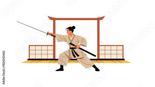 Female samurai practicing kendo in traditional dojo setting - illustration for martial arts concept, asian culture design